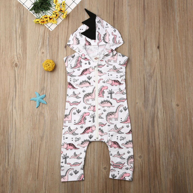 2019 Bebê Roupas de Verão Infantil Kid Menina Do Menino Do Bebê Dinossauro Romper Jumpsuit Outfit 3D Moletom Com Capuz Sem Mangas Animais Roupas de Impressão