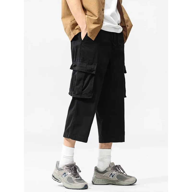 Pantalones Cargo con múltiples bolsillos, pantalones Capris rectos de algodón lavado, ropa de trabajo con cintura elástica, pantalones holgados, pantalones de verano hasta la pantorrilla para hombre
