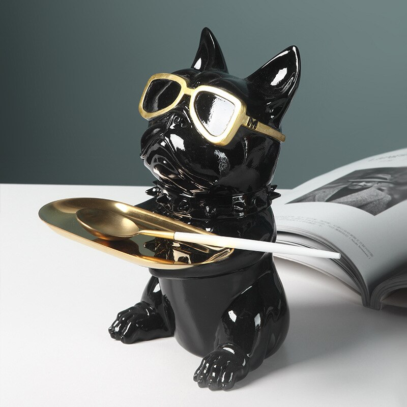 Escultura de Bulldog Francés nórdico, estatua de perro, llave, joyería, almacenamiento, decoración de mesa, con vasos de plata