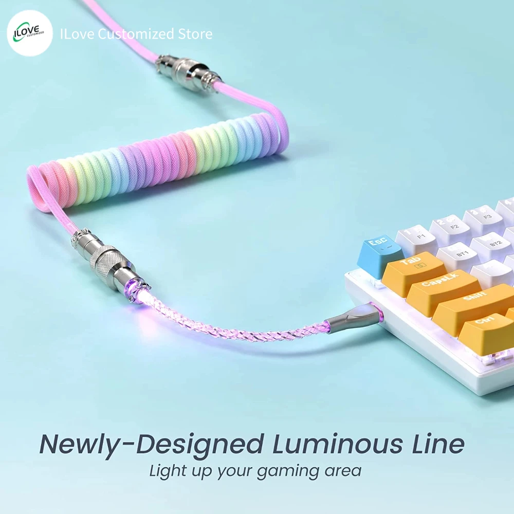 Lighting Coiled Keyboard Cable USB C Cable with RGB Line Mechanical Keyboard Cable Double-Sleeved Aviator Keyboard Cable