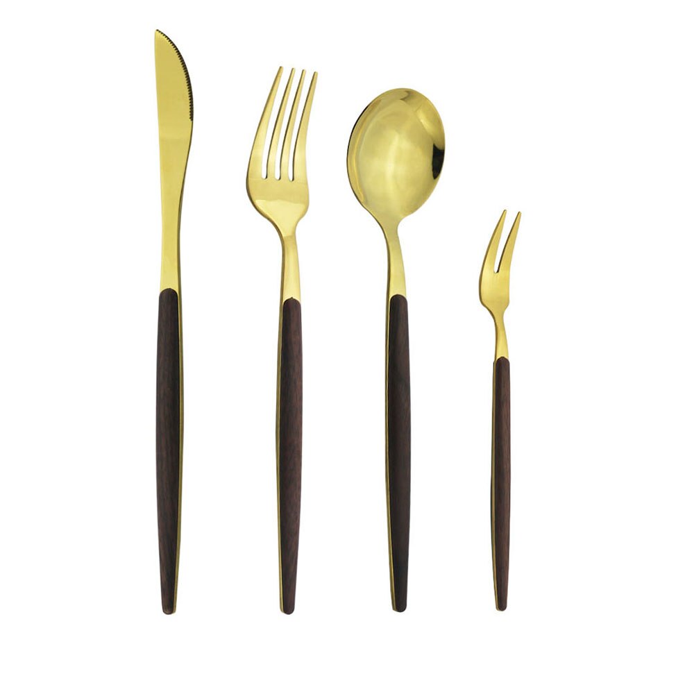 Spiegel Bruin Sliver Houten Textuur Servies Set Rvs Set Diner Messen Vork Lepels Bestek Keuken Servies Set: Dark Brown Gold