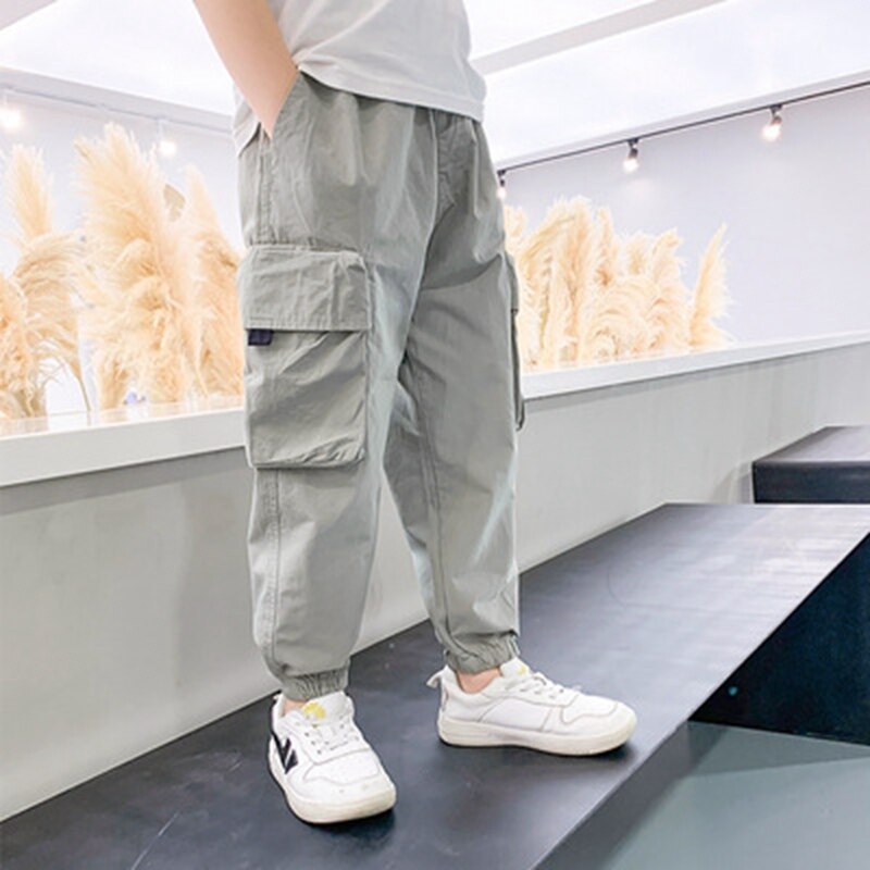 Pantalones Cargo de Verano para Niños y Adolescentes, calzas deportivas de algodón con bolsillo holgadas, Color puro, para correr, de 5 a 14 años: Negro / 16