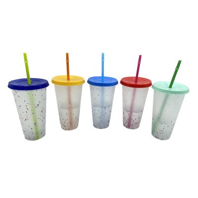 Color Changing Cold Drink Cups Reusable Temperature-Sensitive Plastic Colorful Coffee Cup with Lids and Straws: B Warmth 700ML
