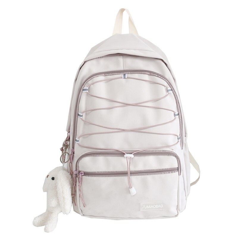 Reflective Strap Woman Nylon Backpack Waterproof Female Book School Bag For Teenage Girls College Studen Women's Travel Rucksack: White powder / with pendant