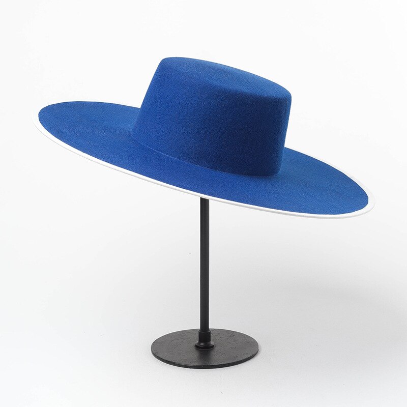 Blue Real Wool Flat Fedora Hat Men Wome Solid color Big Wide Brim Felt Hat Derby Party Church Hat Adjustable Panama Jazz Hat