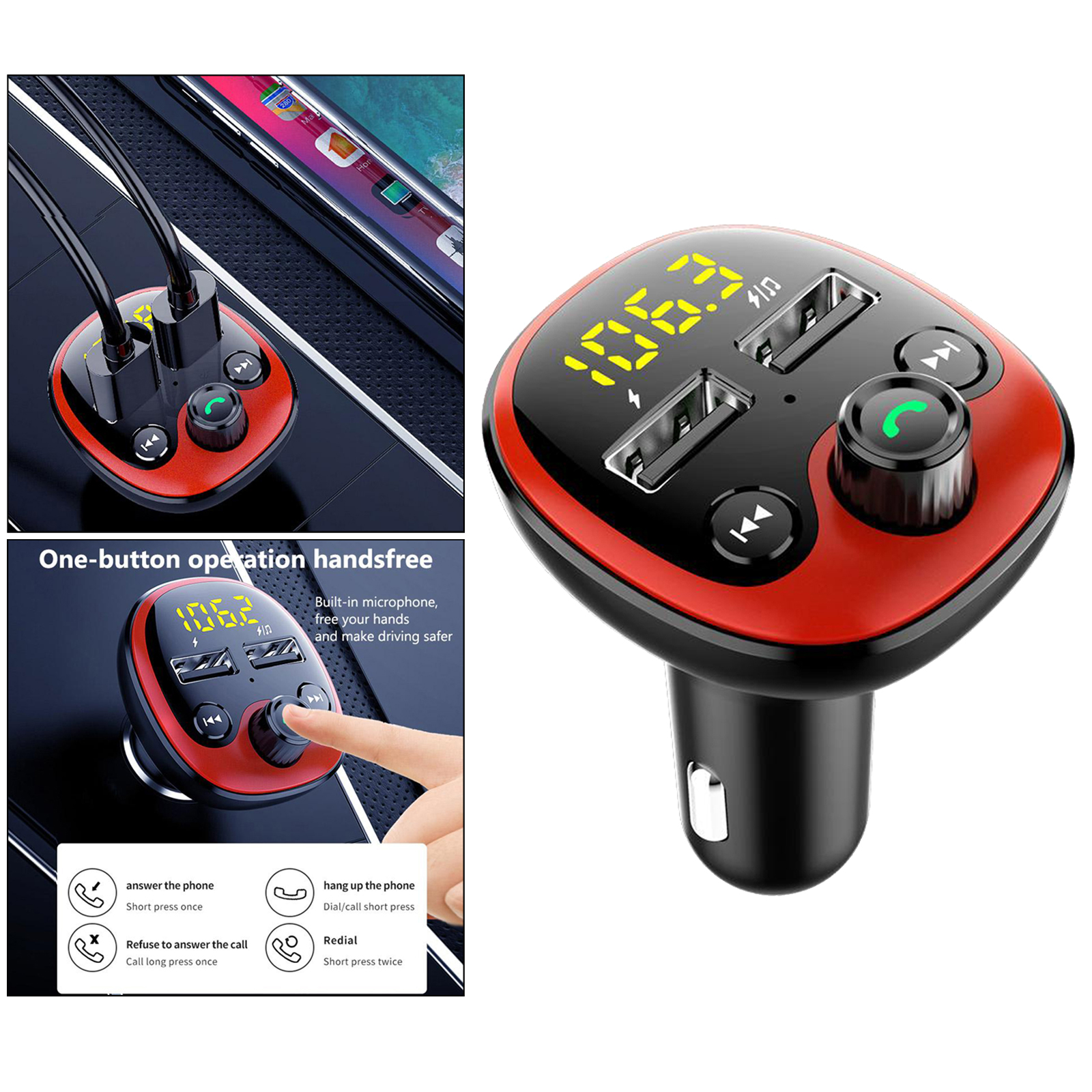 Bluetooth Car Kit Hands-Free FM Transmitters Audio Receiver USB Charger: Red