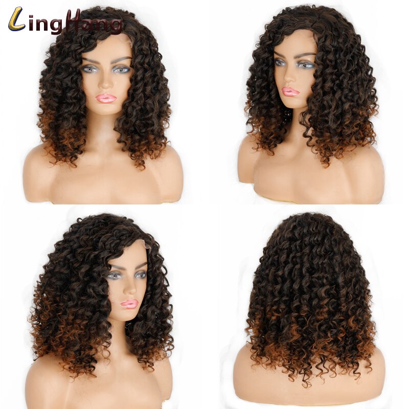 Linghang 14Inches Afro Kinky Krullend Pruik Synthetische Korte Pruik Gemengde Blonde Lace Pruik Voor Zwarte Vrouwen Daily Pruik: 4/27HL