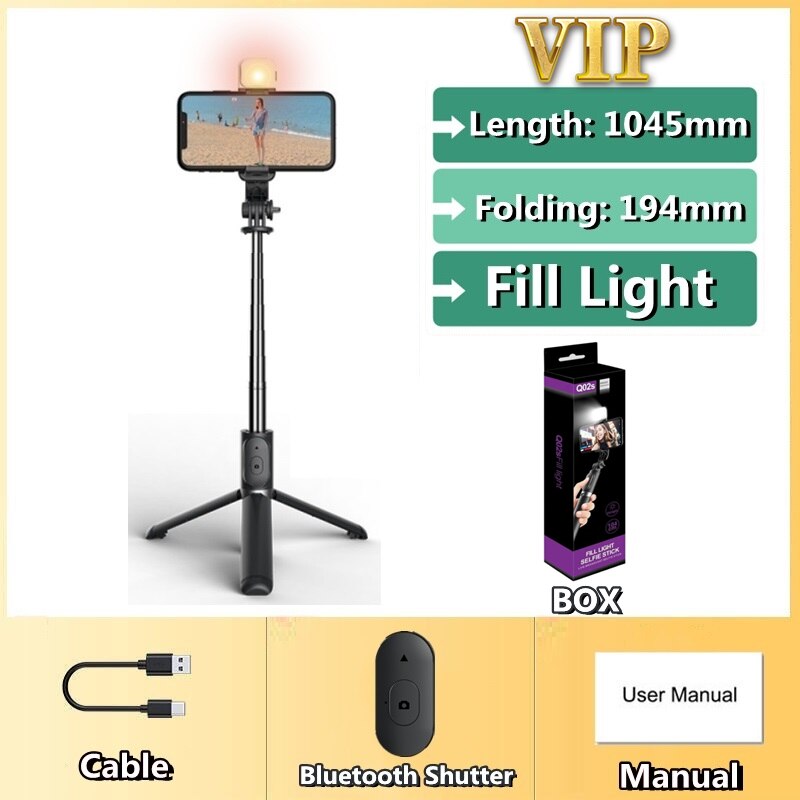 FANGTUOSI Wireless selfie stick tripod Bluetooth Foldable Monopod With Led light remote shutter For iphone: With Light and BOX