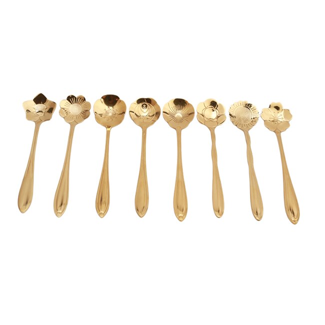 8pcs/set Tea Stainless Steel Coffee Spoon Cherry Blossoms Teaspoons Ice Cream Sugar Flatware Sliver Gold Kitchen Tableware Tools: gold