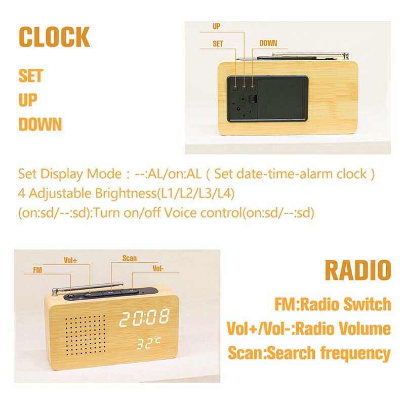 Fm Radio Bamboe Led Elektronische Display Met Led Klok Desktop Mini Draagbare Radio Home Radio Mini Temperatuur Display
