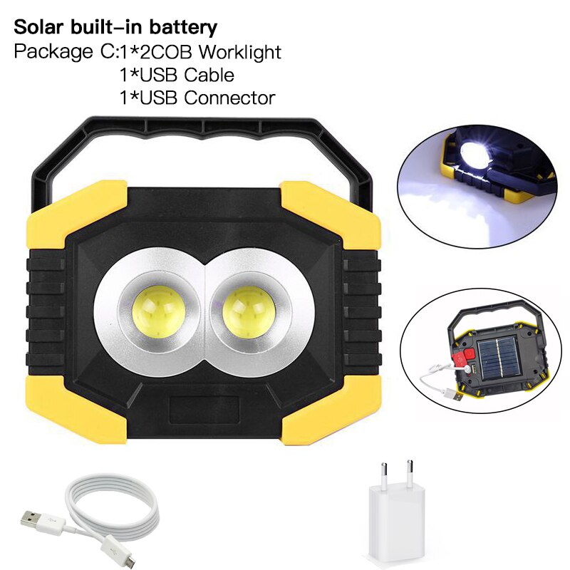 100w bærbare spotlight led arbejdslys usb genopladelig lommelygte solenergi lys bygget -in 2400 mah batteri til camping lys: C