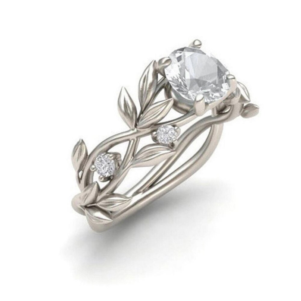 Wedding Crystal Silver Color Rings Vine Leaf Engagement Cubic Zircon Ring Bijoux For Women Ladies Jewelry