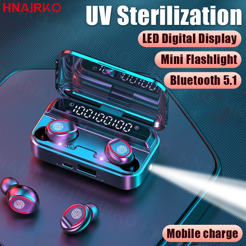 Bluetooth-oortelefoons, 2000 mah, draadloze hoofdtelefoon met microfoon, waterdichte sportoordopjes, mini-zaklamp, oordopjes met touchbediening.