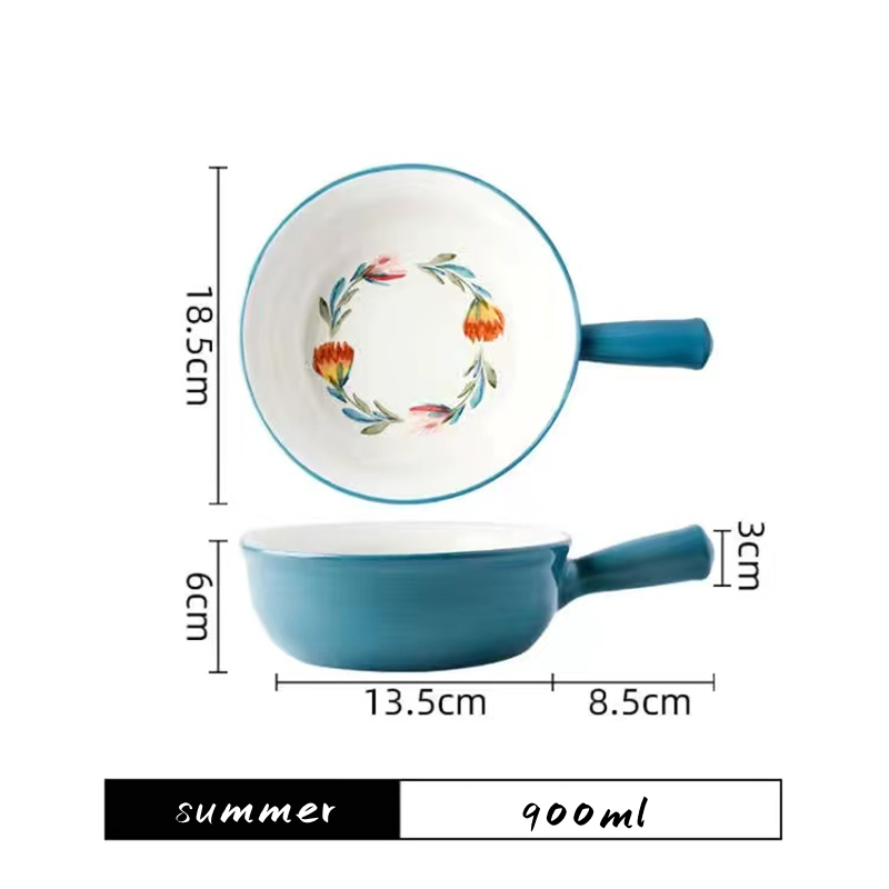Ceramic Glaze Baking Bowl with Handle Salad Bowls Barbecue Cheese Baked Rice Baking Pan Round 4 Seasons Bakeware Home Decoration: summer