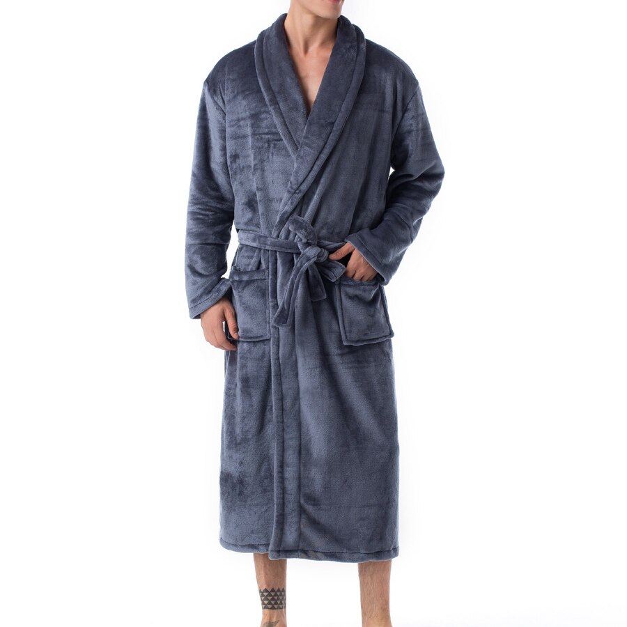 Afslappet mandlig morgenkåbe herre badekåber langærmet revers krave herre flannel morgenkåbe med bælte plys kimono varm mandlig badekåbe frakke: Grå / Xxl