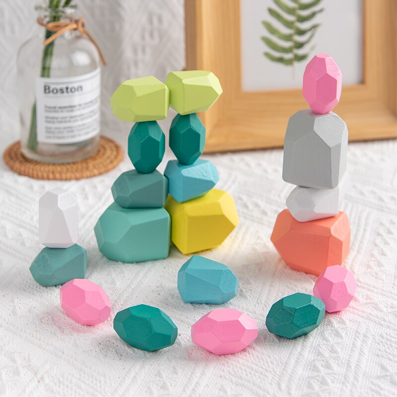 Kids Toy Wooden Colored Stone Jenga Building Block Educational Toys Warm Tone Cool Tone Log Color Rainbow Color Wooden Toy