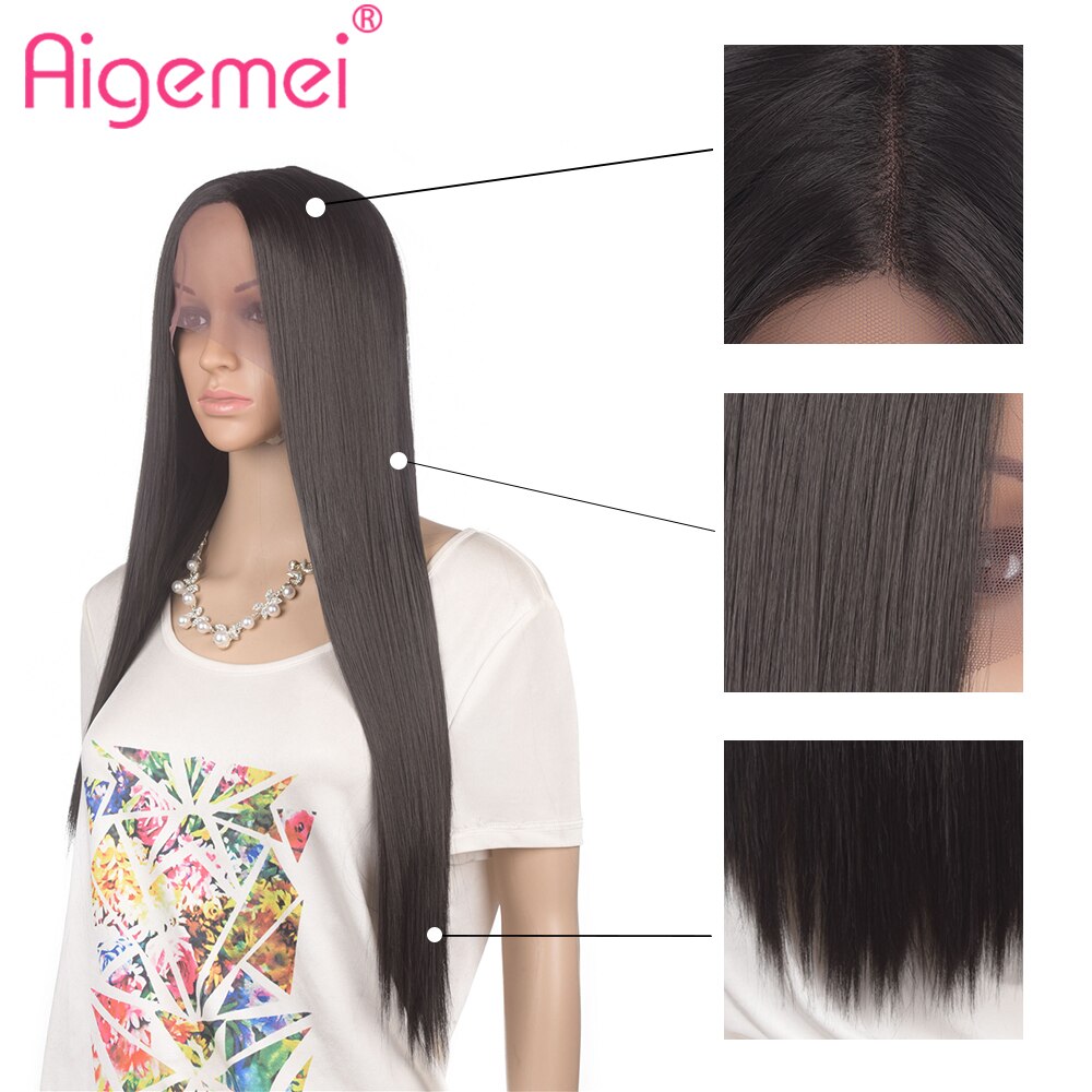 Aimemei-peluca con malla frontal sintética para mujer, pelo largo y liso de fibra de alta temperatura, color negro