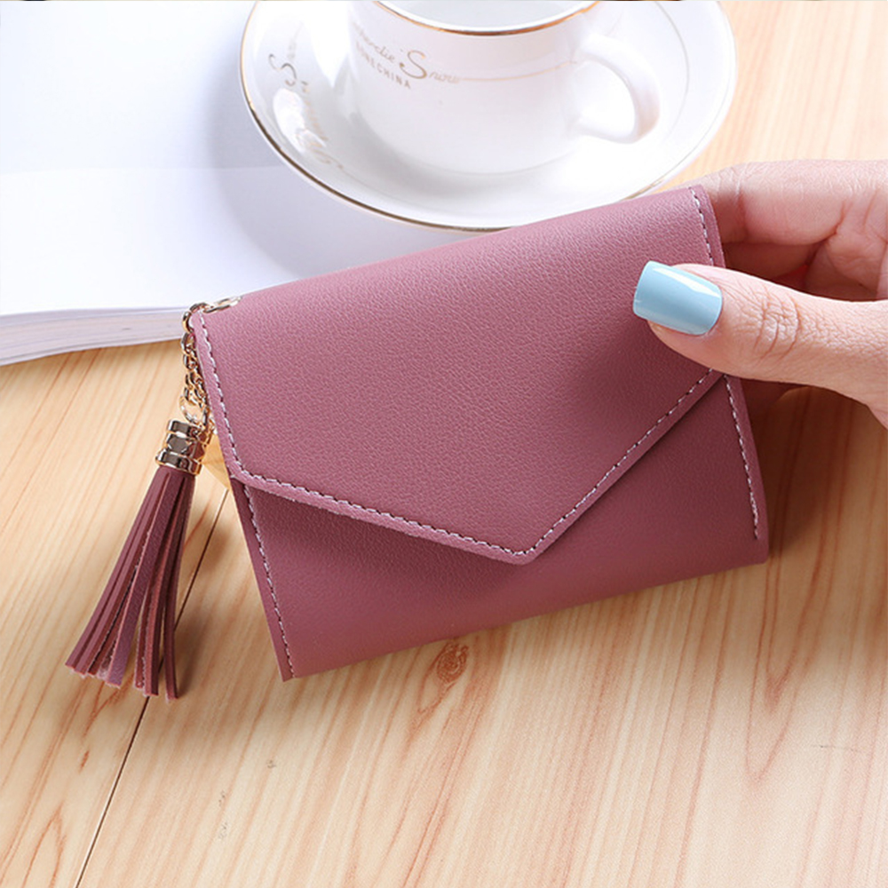 2022 portafoglio da donna di nuova moda corto da donna piccolo titolare della carta stampa ragazze nappa due volte borse per monete femminili: DarkPink