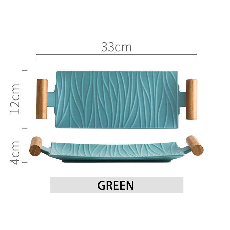 Nordic Ceramic Rectangular Sushi Long Plate Dessert Cake Snack Salmon Roast Meat Chicken Wings Plate With Handle Dinnerware: GREEN