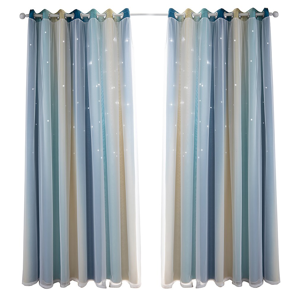 Polyester huis gradiënt romantische ster gordijnen dubbele laag ring extra lang verduisterend raam woonkamer buiten: Blauw / 134240cm