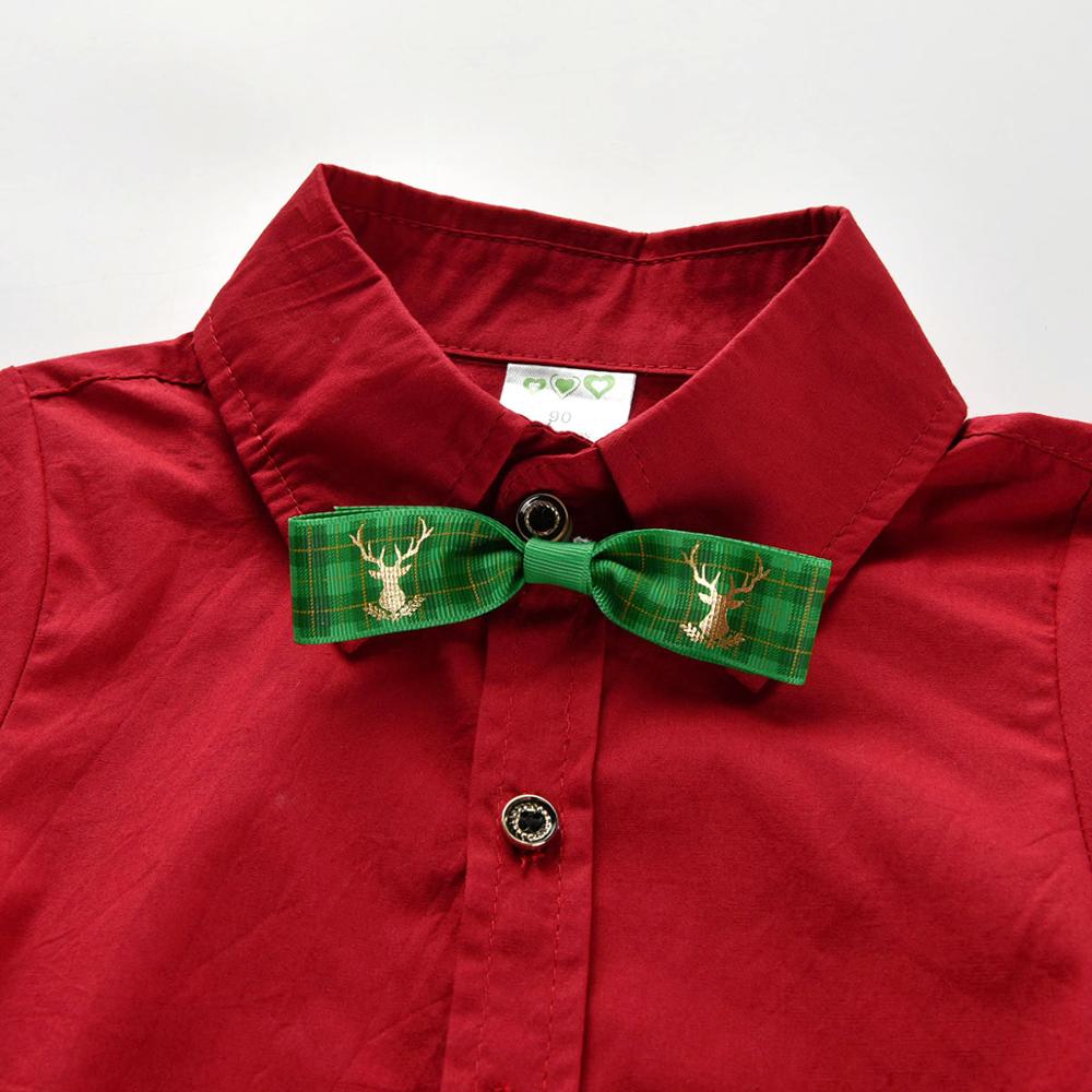 Crianças natal algodão vermelho de manga comprida arco lapela camisa verde alça de ombro calças festa terno 2-8 anos de idade confortável