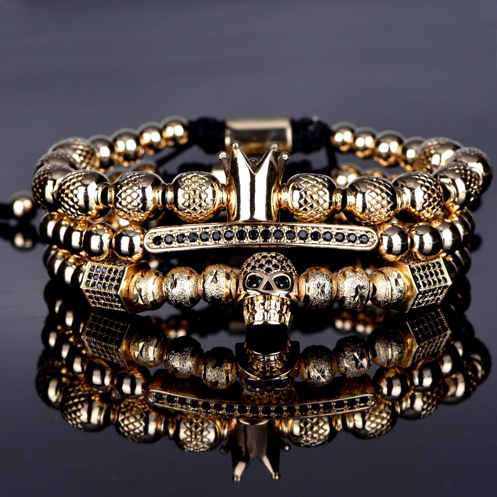 Luxury Royal Crown Skull Charm Bracelet Men Unique Gold Color Braided Adjustable Bangle Pulseira Bileklik