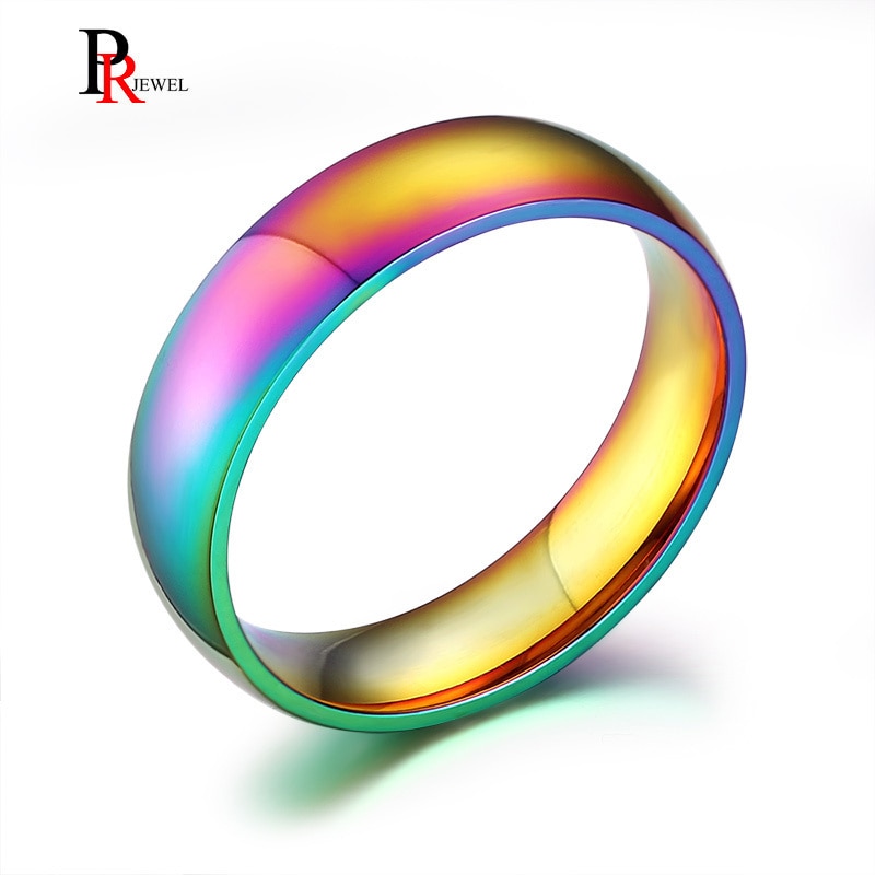 Man Vrouwen Rainbow Kleurrijke Ring Rvs Wedding Band Ring Breedte 6mm Maat 7-14