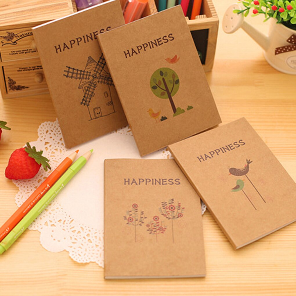 Mini Diy Cute Vintage Happiness Birds And Flower Kraft Notepad Blank Sketchbook Notebook Weekly Planners Diary Notebook