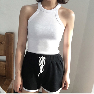 Perus kiinteät t-paidat naiset ohut riimu kaula off-shoulder camisole topit t-paidat kesäiset naisten tankit hihattomat: Valkoinen