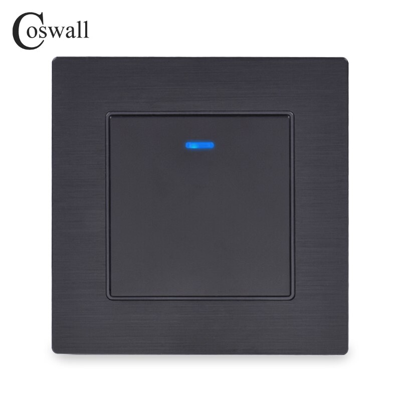 Coswall Luxurious Square Key 1 Gang 1 Way On / Off Wall Light Switch With LED Indicator Knight Black Aluminum Metal Panel