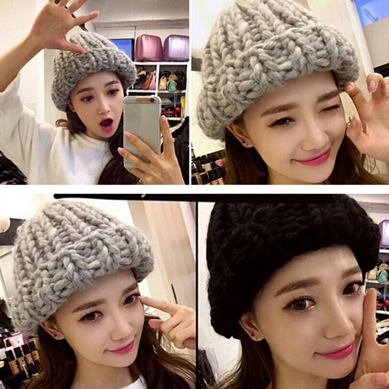 Women Winter Knitted Beanies Hat Thick Soft Warm Coarse Large Knitted Solid Hat Female Ice Ski Bonnet Hat