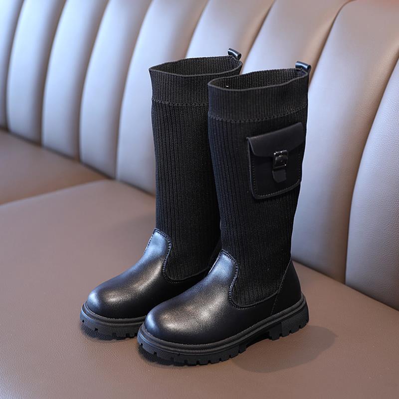 Automne enfants filles tissé bottes enfants fille décontracté longues bottes doux respirant élasticité genou haute botte noir