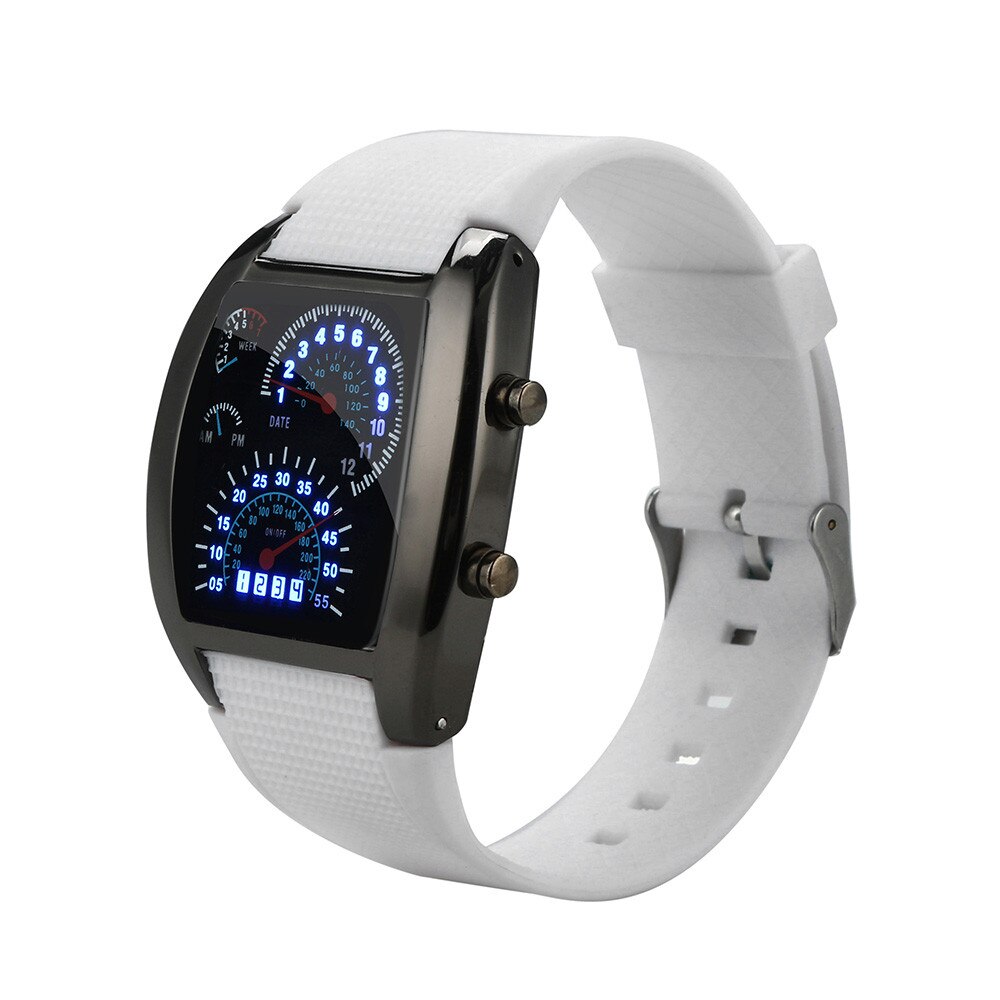 watch men LED Light Flash Turbo Speedometer Sports Car Dial Meter Watch Luxury watch chargeable Relogio Masculino: White