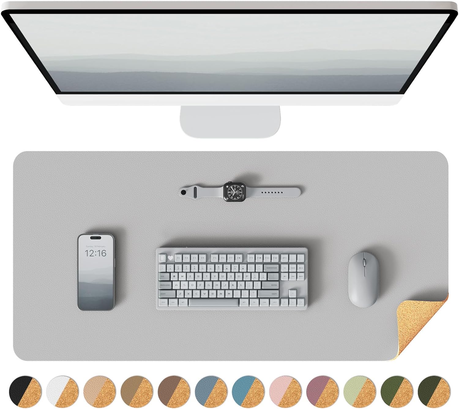 Dubbelzijdig bureauonderlegger, lederen bureaumat, eco kurk bureauonderlegger, grote muismat, waterdichte bureaulipotter voor kantoor/thuis: 90x45 cm / GRIJS