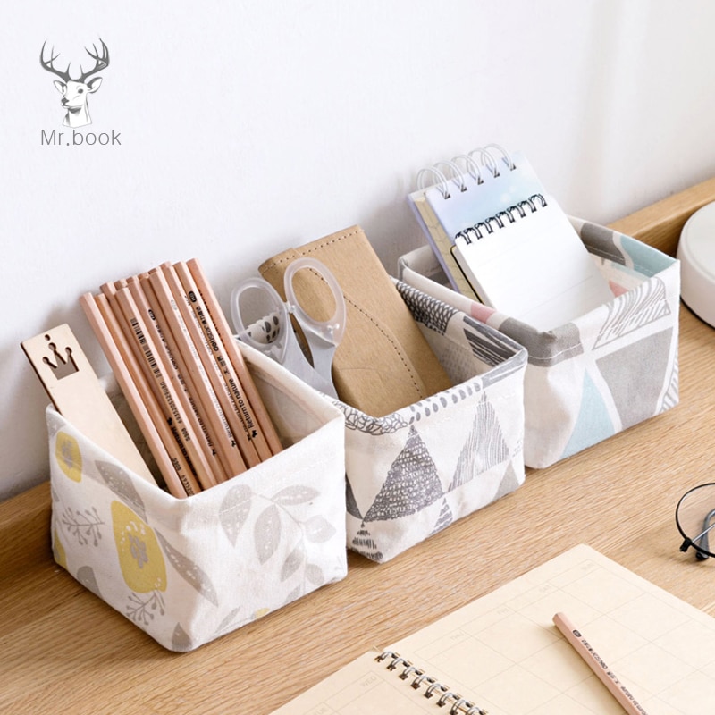Cute Geometric Patterns Printing Canvas Office Desktop Storage Organizer Stationery Holder Storage Box Desktop Cosmetic Box