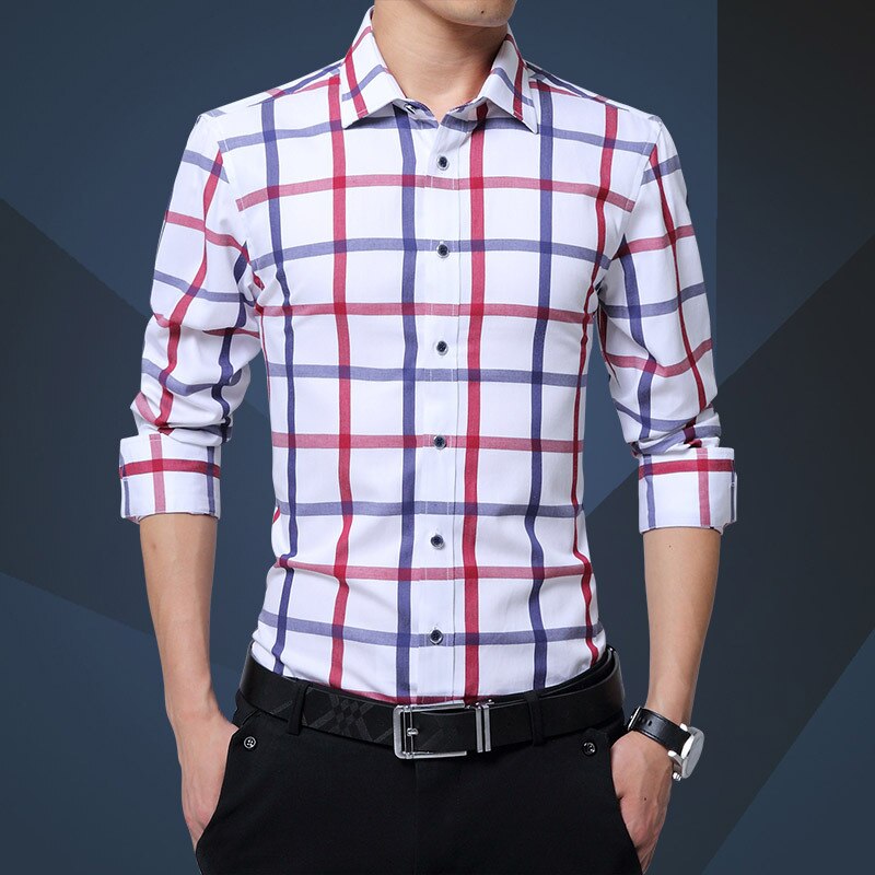 Good Men Spring Shirt Slim Fit Plaid Shirts Long Sleeve Cotton Dress Button Casual Camiseta Masculina Checkered Shirt