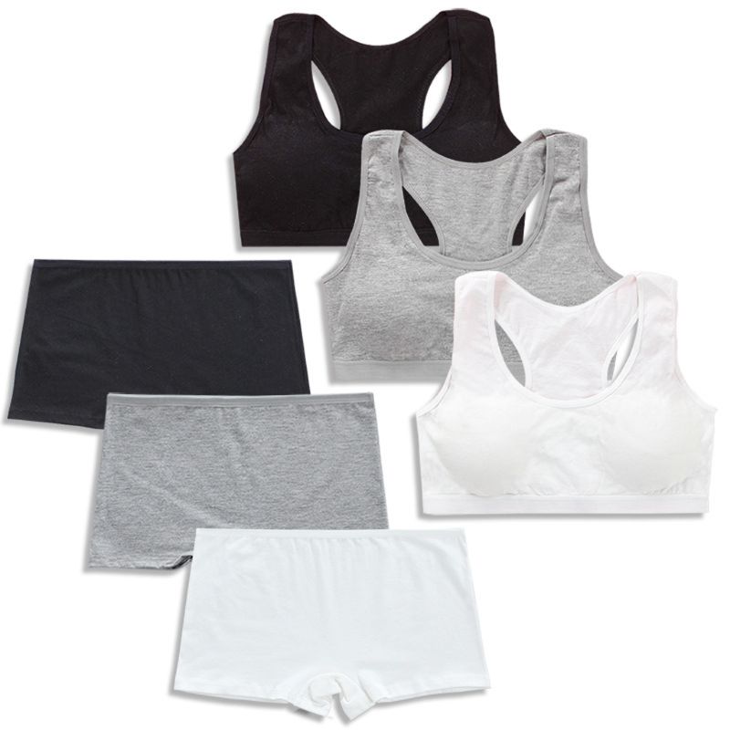 Teens Girls Sports Bra Puberty Gym Underwear Wireless Teenager Girls Sport Bra with Briefs Cotton Young Girls Training Bra Set