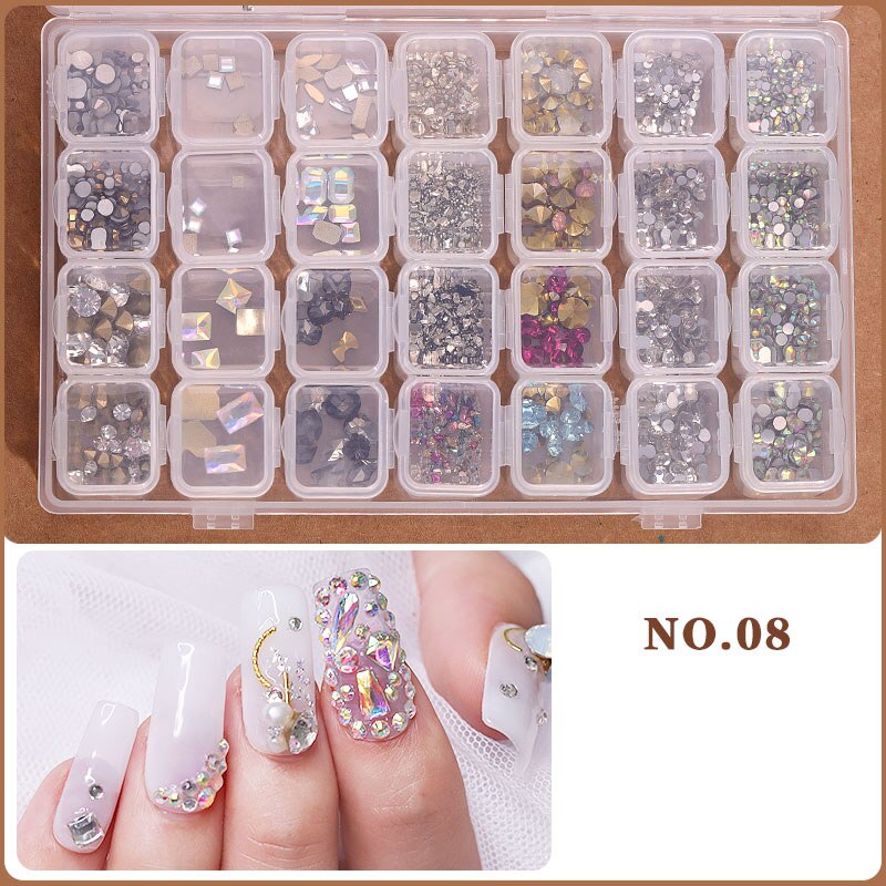 Ensemble d'accessoires pour ongles à 28 grilles, poire/métal/coque/résine/cristal strass pour manucure/bricolage, Kit de décorations pour Nail Art # DXM12: 28 grids jewelry-08