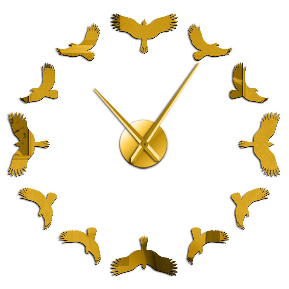 Vliegende Vogels 3D Diy Wandklok Eagle Vogel Vliegende Hoge In De Sky Wilde Leven Natuur Stille Quartz Muur Horloge met Spiegel Effect: Gold / 27inch