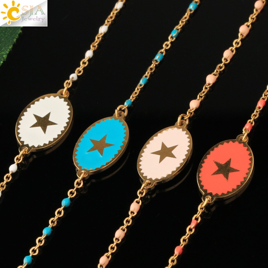 CSJA, pulsera de acero inoxidable para mujer, colgante de estrella esmaltada, cadena de eslabones de Color dorado con cuentas, delicado Delgado, pulseras Inoxydable Acier S718