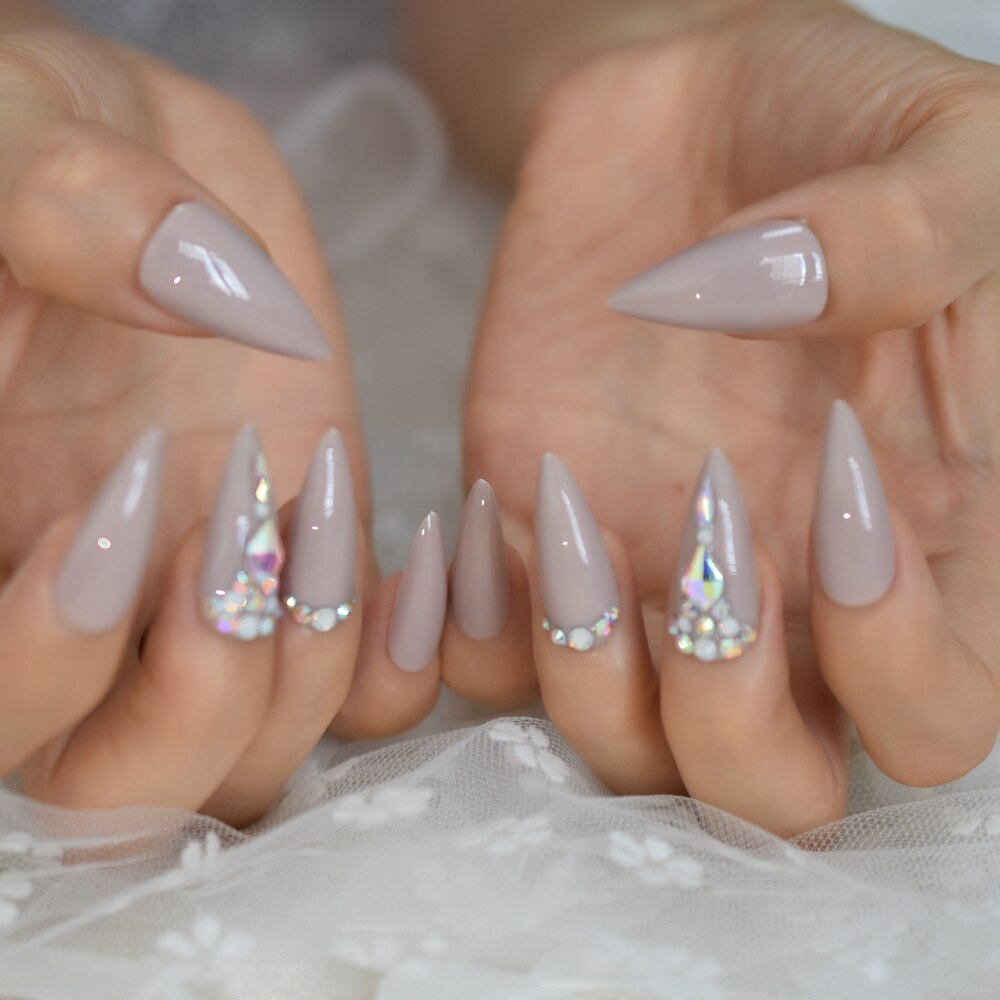 Cristal faux ongles pointus Strass Long Stiletto acrylique artificiel ongles Art conseils Strass manucure conseils 24