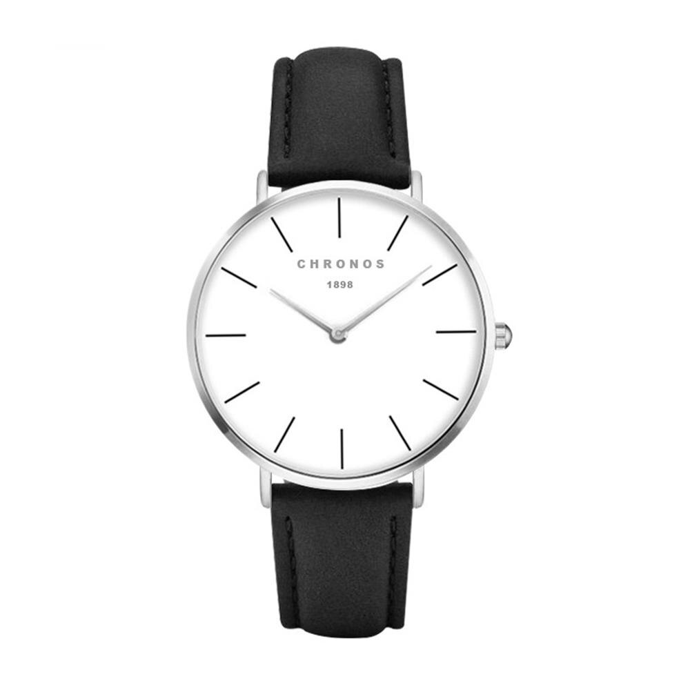 Chronos 1898 Mannen Vrouwen Simple Quartz Horloge Case Unisex Paar Lederen Horloges Grote Analoge Gezicht Bruin Zwart Montre Femme: CH-0239