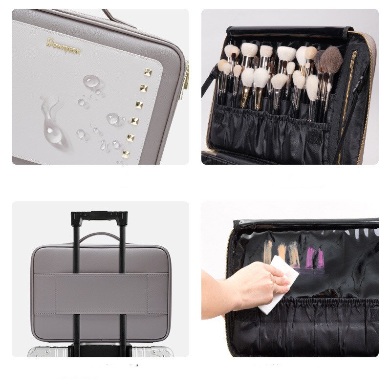 JUNKAI-Bolsa de cosméticos , organizador de maquillaje bonito, material de cuero gris con partición, productos cosméticos de alta capacidad