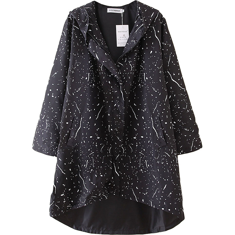 Women Spring Trench Coat Lady hooded Coat Female Paint points Print Outerwear Casaco Feminino Plus Size Loose S6-9604