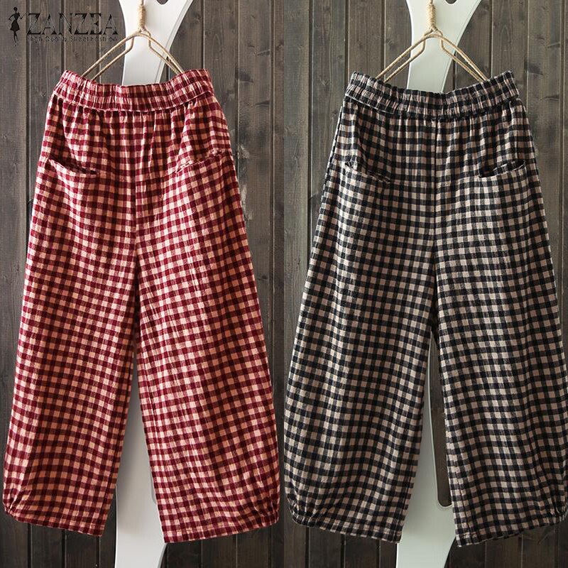 Frauen Baumwolle Leinen Hosen ZANZEA Sommer Plaid Überprüfen Elastische Taille lässig Hosen verlieren Taschen Breite Bein Lange Pantalon Femme