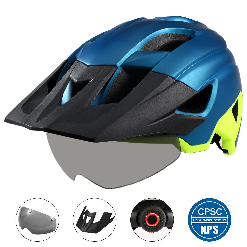 Mountain Bike Helmet with Detachable Visor Detachable Goggles Ultralight Adjustable MTB Cycling Bicycle Outdoor Safety Helmet: Blue Yellow