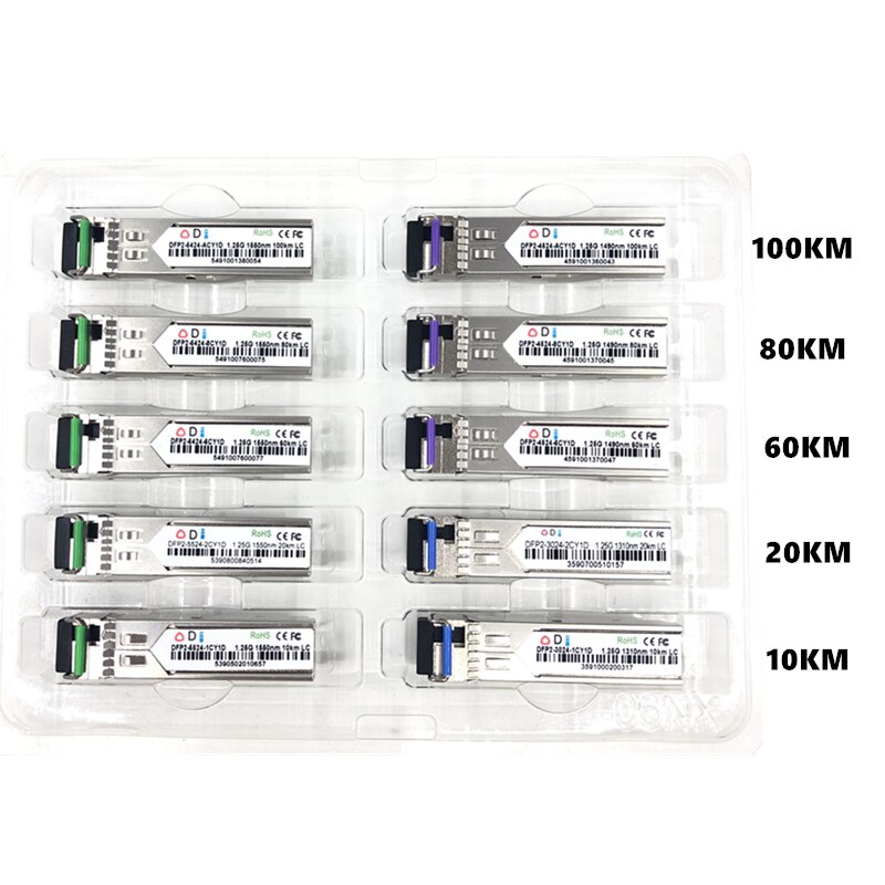 Módulo de fibra óptica LC SFP, 1,25G, LC 10/20/60/80/100KM, 1310/1490/1550nm, fibra SFP óptica única, compatible con Mikrotik
