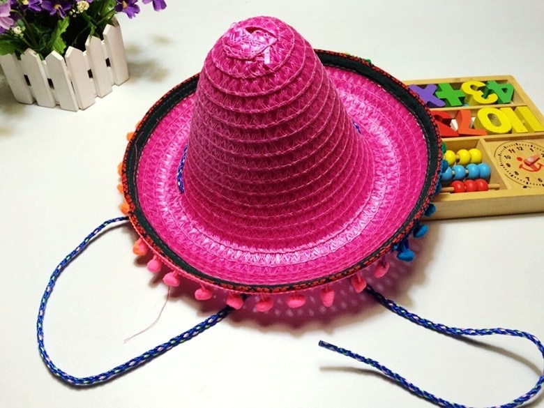 Mexican Sombrero For Children Kids Show Straw Hats Dance Props Pompom Party Hat 6Pcs/lot
