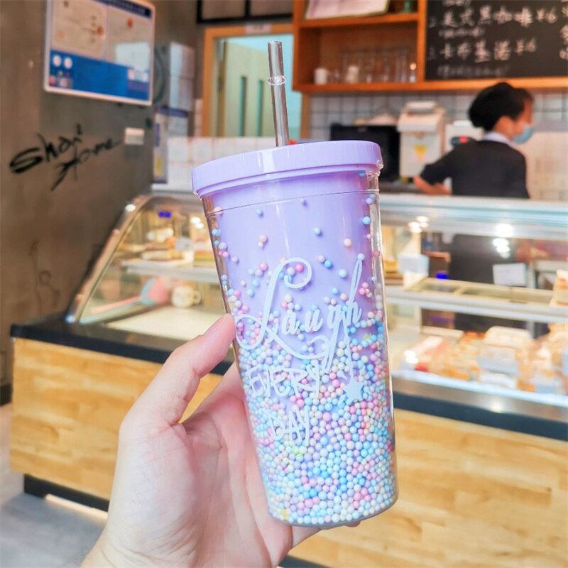 Straw Cup Double Layer Eco-Friendly Plastic Drinkware Ins Girl Water Cup Anti-fall Milk Coffee Cups For Home Office J170: 5