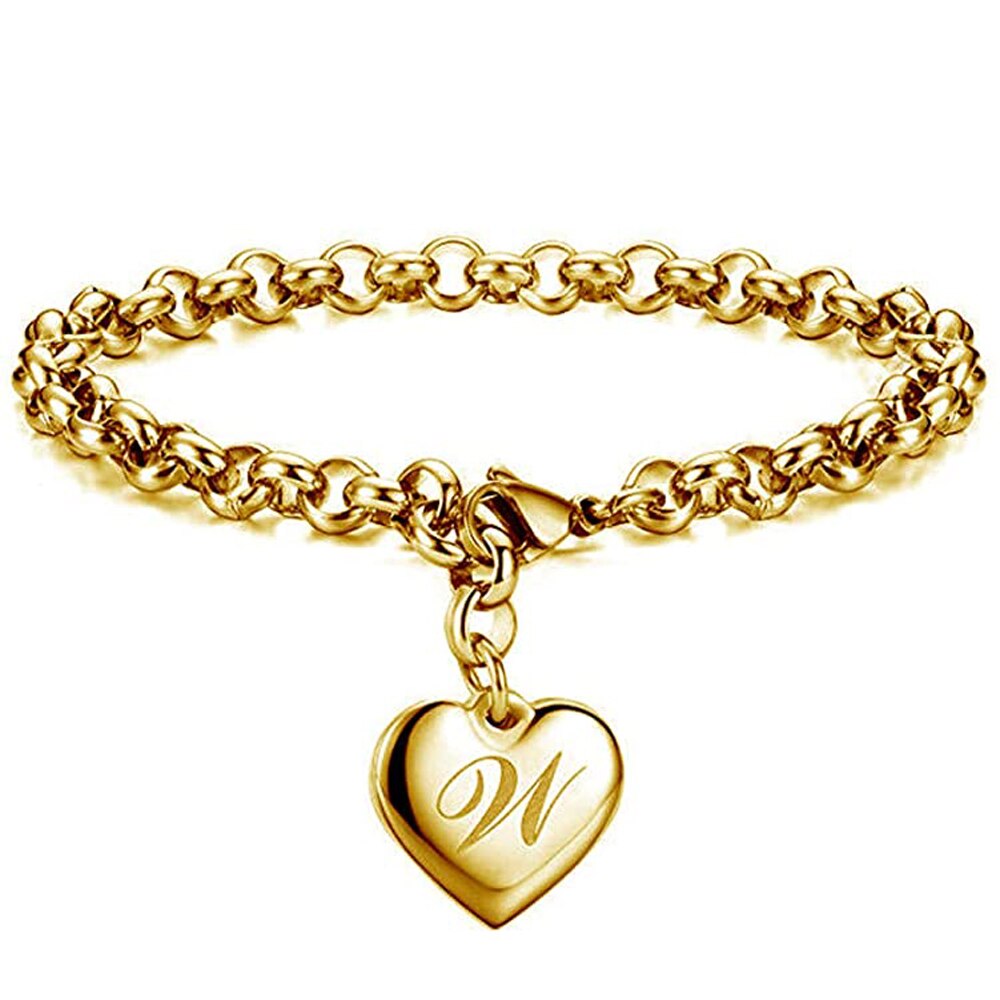 Bracelet avec lettres de l'alphabet en acier inoxydable, 26 lettres, breloque initiale, couleur or, pour femmes et filles, pour enfants
